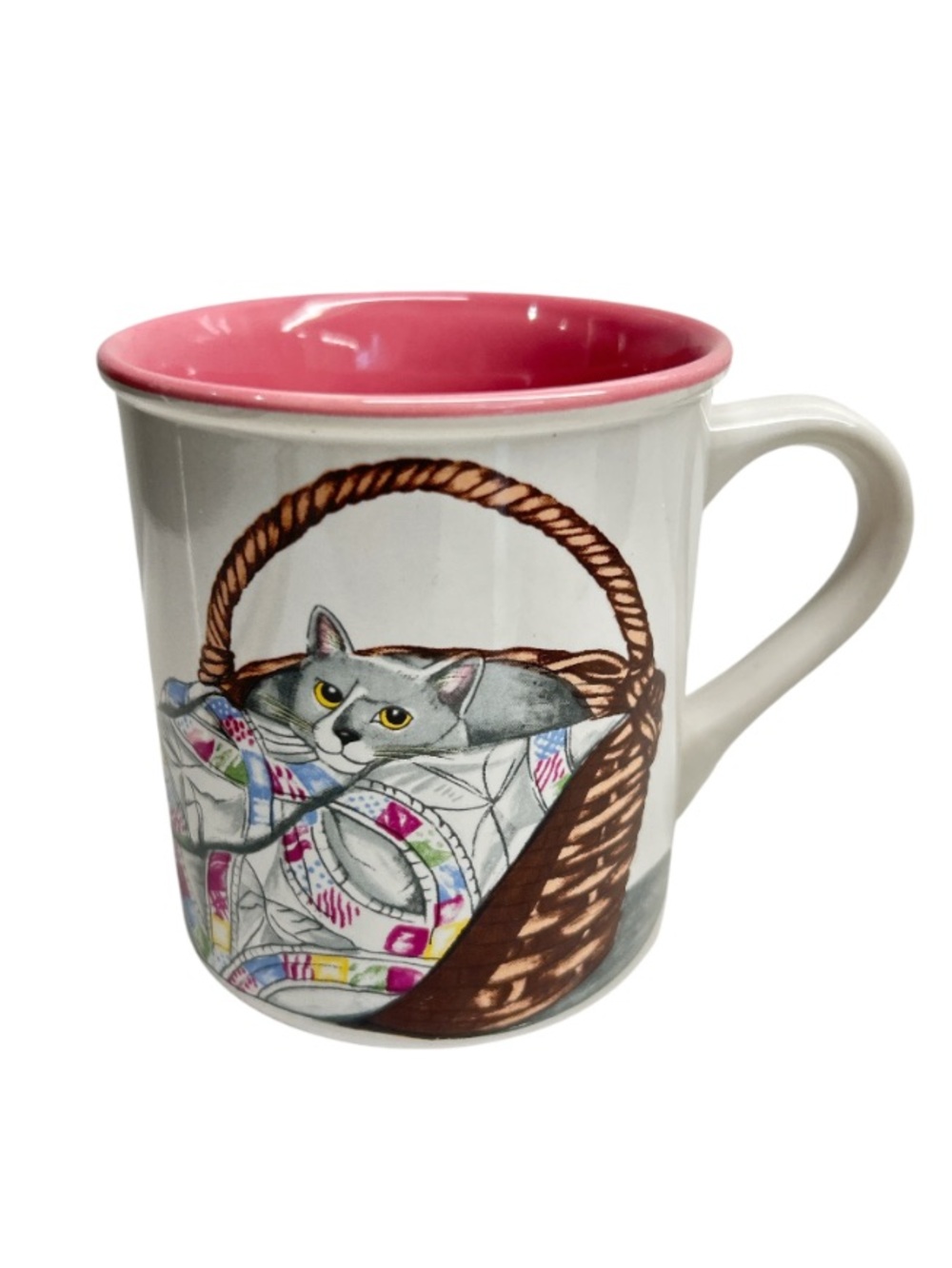 Vintage Potpourri Press 1992 Cat in Basket Ceramic Mug - Pink Interior